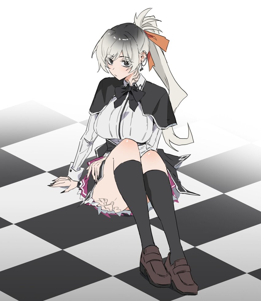 1girl, absurdres, black_bow, black_capelet, black_eyes, black_nails, black_socks, bow, breasts, brown_shoes, capelet, checkered_floor, closed_mouth, commentary, cosplay, ear_piercing, english_commentary, female_focus, fingernails, full_body, gradient_hair, grey_hair, high_school_dxd, highres, himejima_akeno, himejima_akeno_(cosplay), jyuri_(shouz), kneehighs, knees_up, kuoh_academy_school_uniform, large_breasts, leg_tattoo, loafers, long_hair, long_sleeves, looking_at_viewer, multicolored_hair, nail_polish, original, parted_bangs, piercing, ponytail, shirt, shoes, shouz, sitting, socks, solo, tattoo, white_shirt
