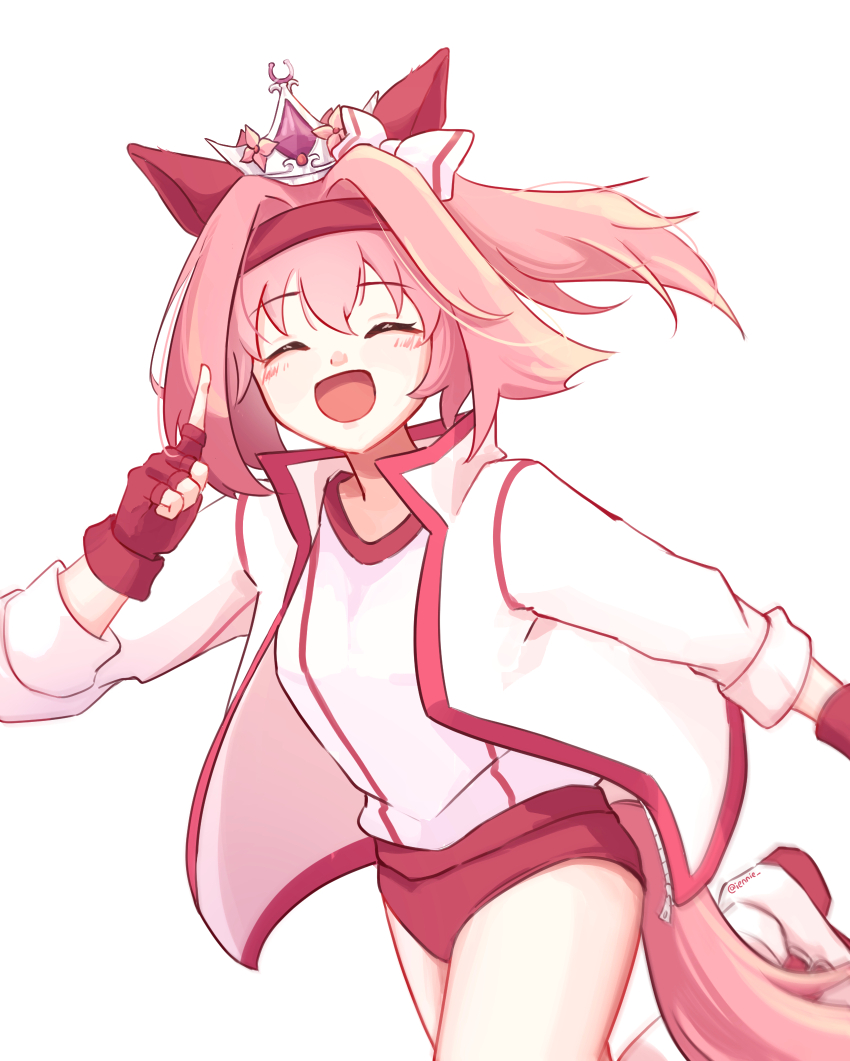 1girl, animal_ears, blush, bow, buruma, crown, ear_bow, ear_covers