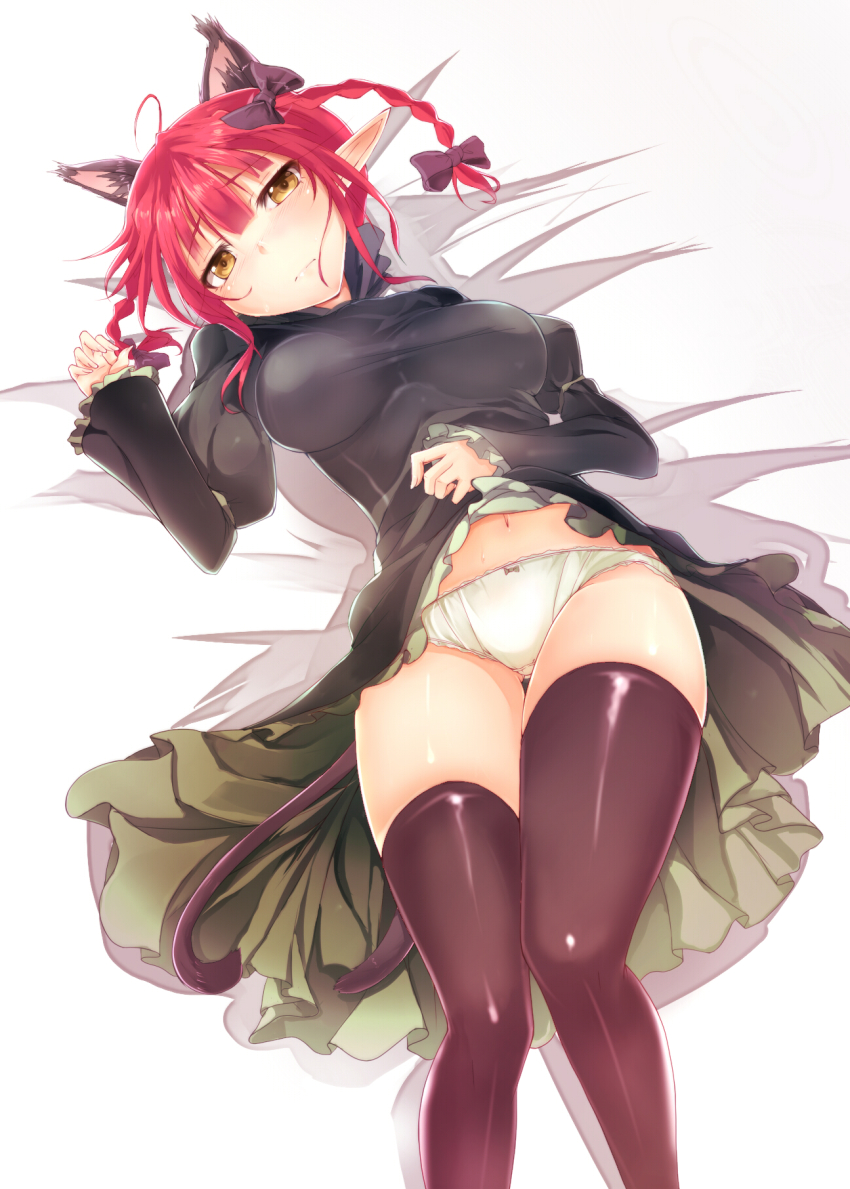 1girl, ahoge, animal_ears, bad_id, bad_pixiv_id, black_dress, black_thighhighs, braid