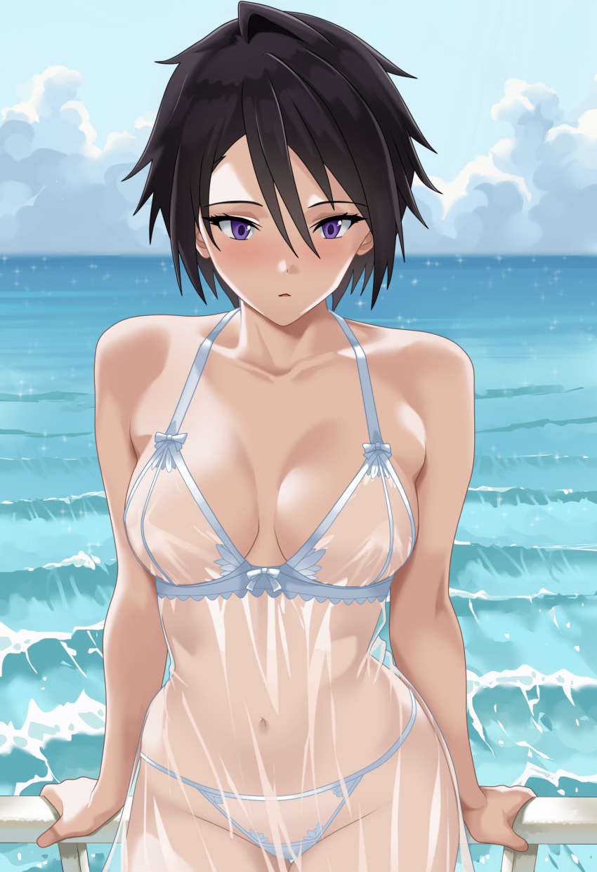 1girl, black_hair, breasts, collarbone, day, dress, hair_between_eyes, highres
