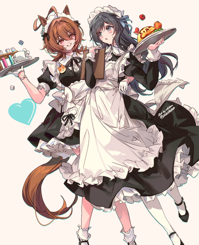 2girls, :o, agnes_tachyon's_trainer, agnes_tachyon_(umamusume), ahoge, alternate_costume, animal_ears, apron