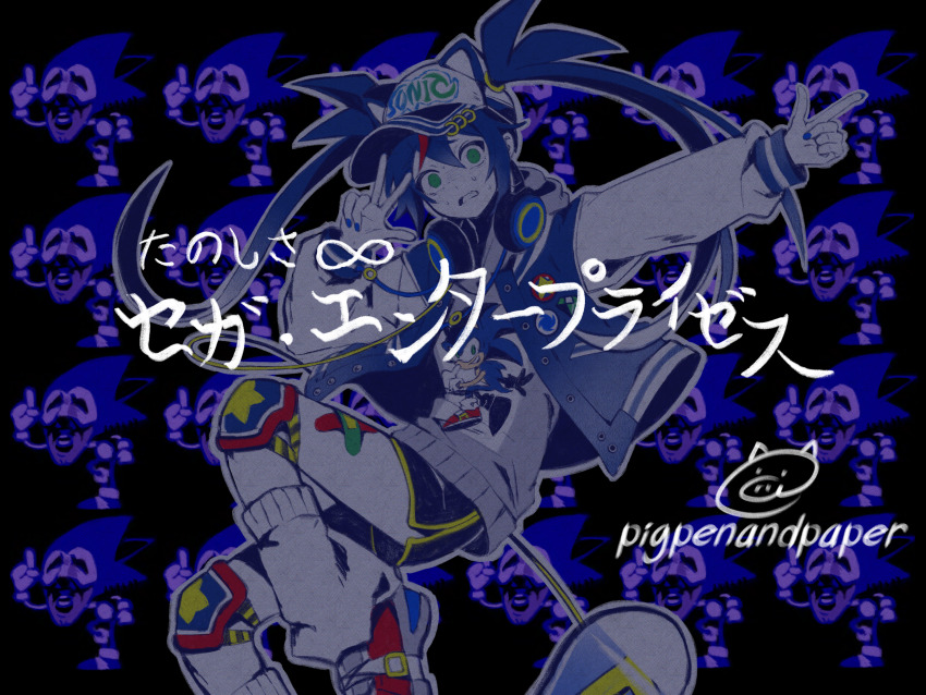 1girl, animal_ears, animal_hat, baseball_cap, black_background, black_shorts, blue_hair, blue_jacket