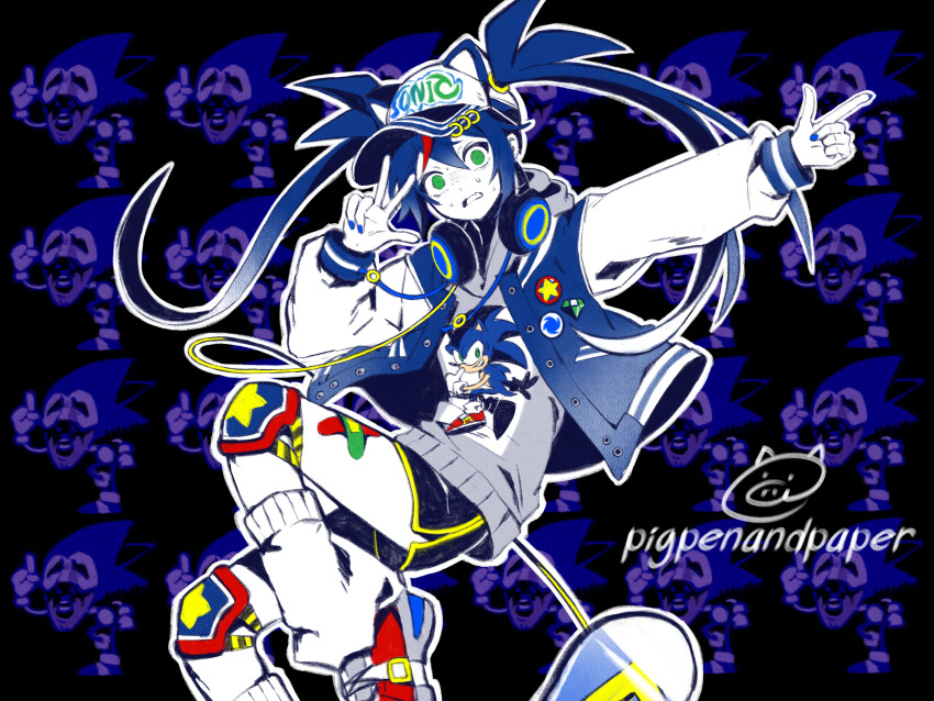 1girl, animal_ears, animal_hat, baseball_cap, black_background, black_shorts, blue_hair, blue_jacket