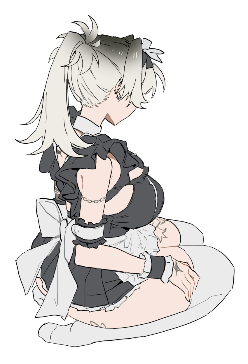 1girl, absurdres, black_dress, black_wrist_cuffs, bow, breasts, commentary, dress