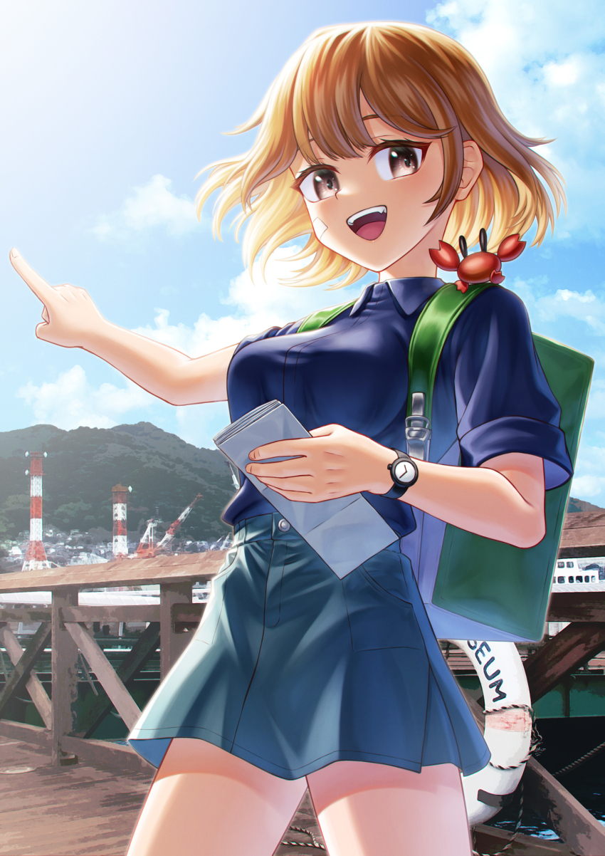 1girl, alternate_costume, alternate_hairstyle, bag, blue_shirt, blue_skirt, blue_sky, brown_eyes