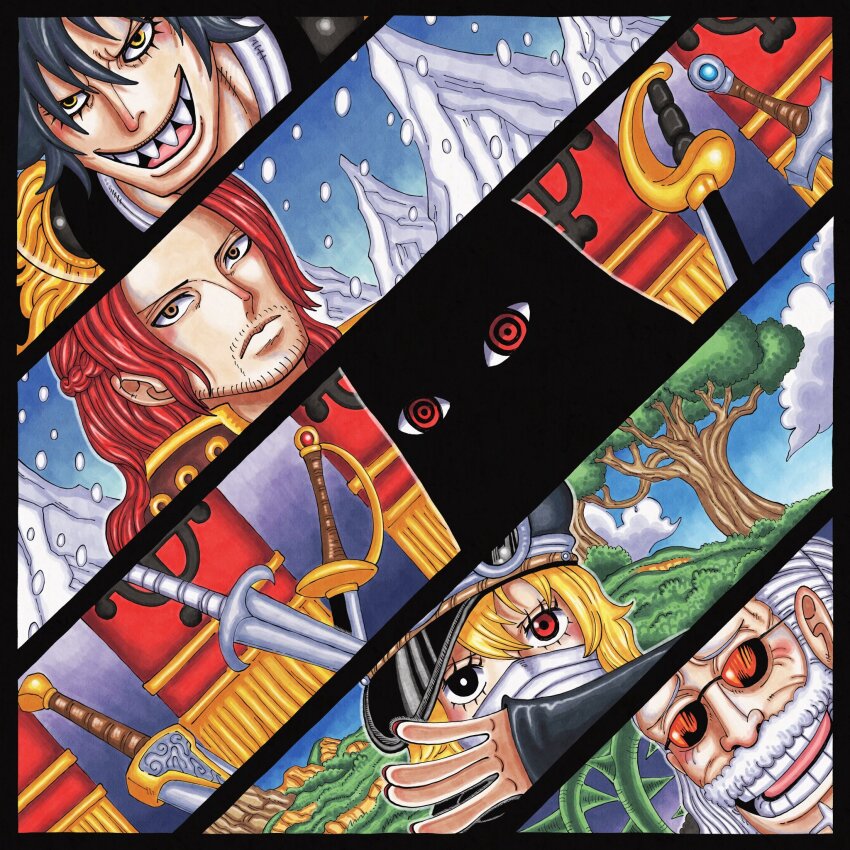 1girl, 4boys, black_eyes, black_hair, blonde_hair, closed_mouth, eyed_silhouette, facial_hair, figarland_shamrock, goatee_stubble, goggles, goggles_on_headwear, gunko, heterochromia, highres, imu_(one_piece), jolsuke, long_hair, long_sleeves, mask, mouth_mask, multiple_boys, mustache, mustache_stubble, one_piece, open_mouth, princess_shuri, red_eyes, red_hair, rimoshifu_killingham, ringed_eyes, rogatywka, sharp_teeth, shepherd_sommers, short_hair, silhouette, smile, snowing, stubble, sunglasses, sword, teeth, thorns, upper_teeth_only, weapon, white_hair, yellow_eyes