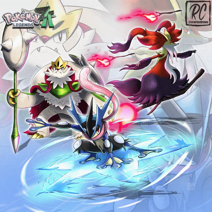 absurdres, animal_ear_fluff, animal_ears, axe, black_fur, broom, broom_riding, cape, chesnaught, colored_skin, copyright_logo, copyright_name, crown, delphox, fire, floating, floating_object, forehead_protector, fox, fox_ears, frog, fur_cape, gen_6_pokemon, green_skin, greninja, highres, holding, holding_axe, logo, long_tongue, mega_chesnaught, mega_delphox, mega_greninja, mega_pokemon, multicolored_skin, ninja, nintendo, no_humans, pink_eyes, pokemon, pokemon_(creature), pokemon_focus, rcortezdraws, red_eyes, red_fur, red_nose, shuriken, snout, spikes, starter_pokemon_trio, telekinesis, tongue, tongue_scarf, two-tone_skin, v-shaped_eyes, very_long_tongue, water, weapon, webbed_feet, white_beard, white_fur, white_skin, wizard, yellow_claws, yellow_fur