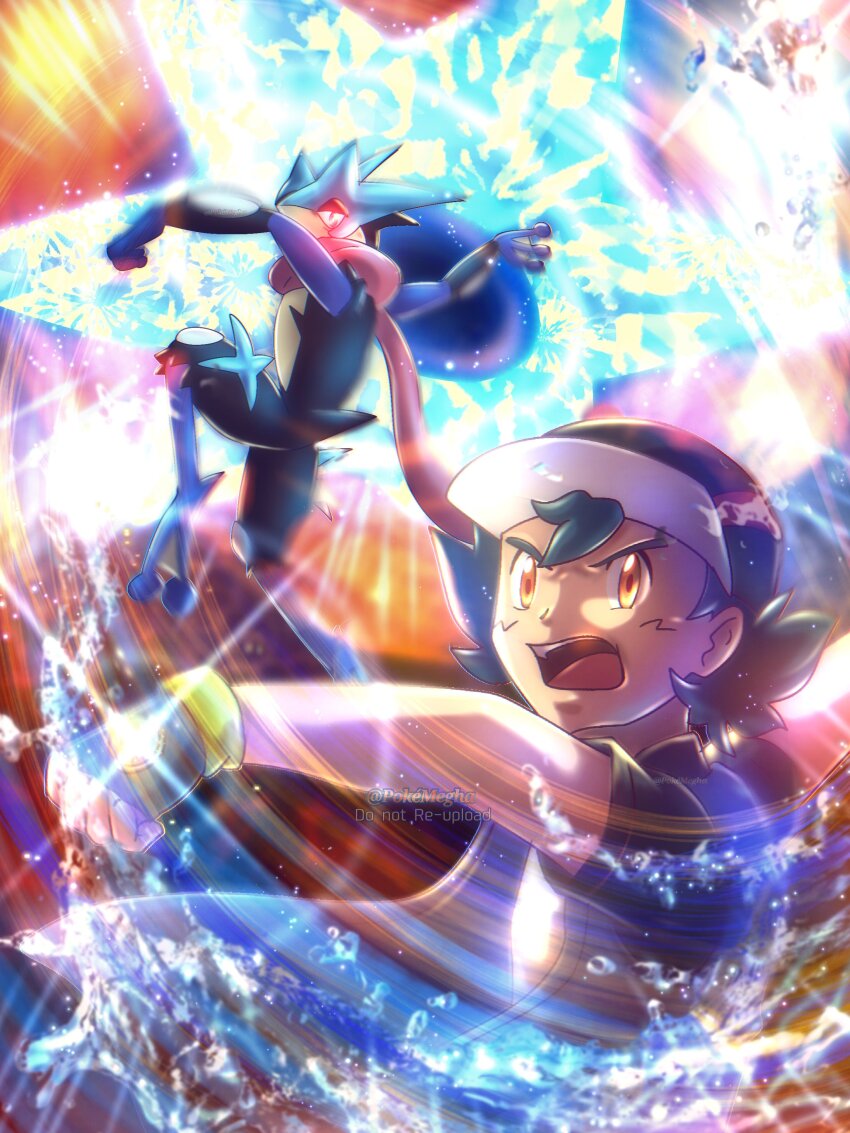 1boy, absurdres, ash_ketchum, baseball_cap, black_hair, frog, gloves, greninja, hat, highres, jacket, long_tongue, mega_greninja, mega_pokemon, ninja, nintendo, open_mouth, pokemegha, pokemon, pokemon_(anime), pokemon_(creature), pokemon_journeys, scarf, shirt, short_hair, short_sleeves, shuriken, tongue, tongue_scarf, very_long_tongue, water, weapon, webbed_feet