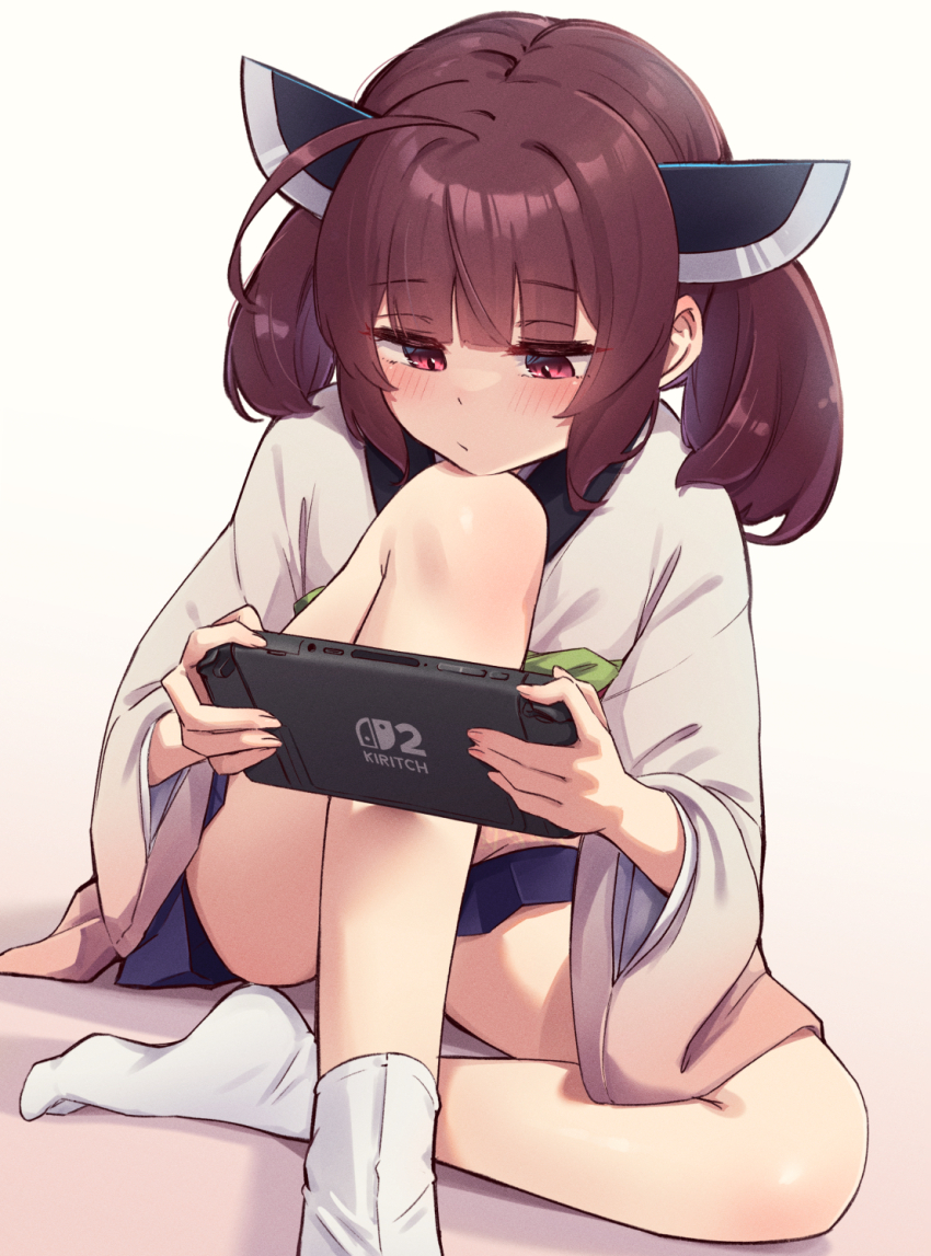 1girl, ahoge, blue_skirt, blunt_bangs, brand_name_imitation, brown_hair, closed_mouth, convenient_leg