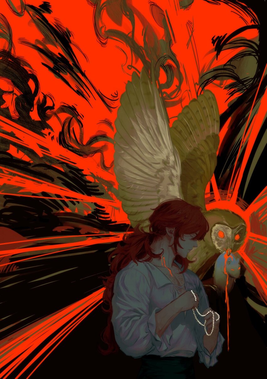 1boy, abstract_background, bird, blood, blood_from_neck, chest_hair, closed_eyes, closed_mouth, diluc_(genshin_impact), genshin_impact, highres, injury, jewelry, long_hair, male_focus, messy_hair, necklace, orange_hair, owl, pearl_necklace, pectoral_cleavage, pectorals, ponytail, predation, red_eyes, saraarten