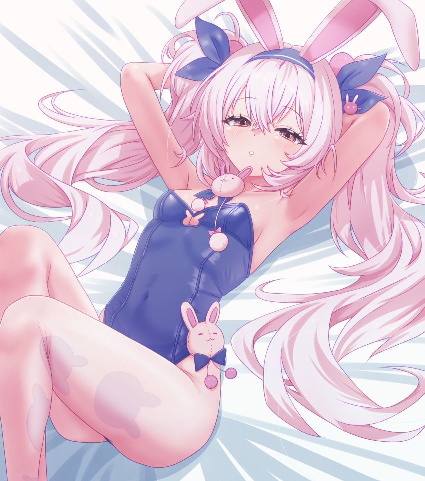 1girl, animal_ear_hairband, animal_ears, arbiter1, armpits, arms_behind_head, azur_lane, blue_hairband