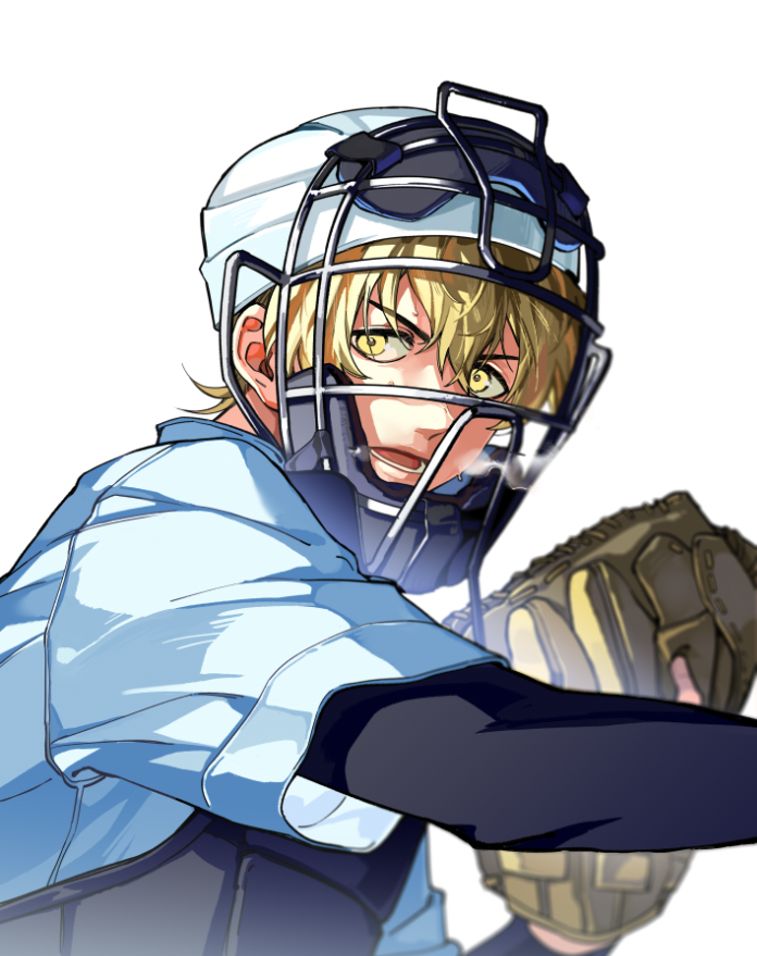 1boy, 999993nine, arm_up, baseball_glove, baseball_jersey, blonde_hair, boukyaku_battery, catcher's_mask, catcher_(baseball), colorized, hair_between_eyes, jersey, kaname_kei, layered_sleeves, long_sleeves, looking_to_the_side, lower_teeth_only, male_focus, open_mouth, short_over_long_sleeves, short_sleeves, simple_background, solo, teeth, upper_body, white_background, yellow_eyes