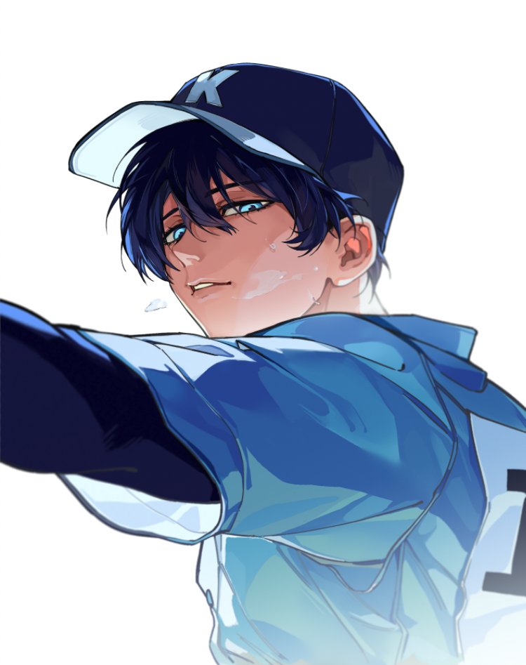 1boy, 999993nine, baseball_cap, baseball_jersey, blue_eyes, blue_hair, boukyaku_battery, breath, colorized, double-parted_bangs, hair_between_eyes, hat, jersey, kiyomine_haruka, layered_sleeves, long_sleeves, male_focus, parted_lips, short_hair, short_over_long_sleeves, short_sleeves, solo, teeth, upper_body