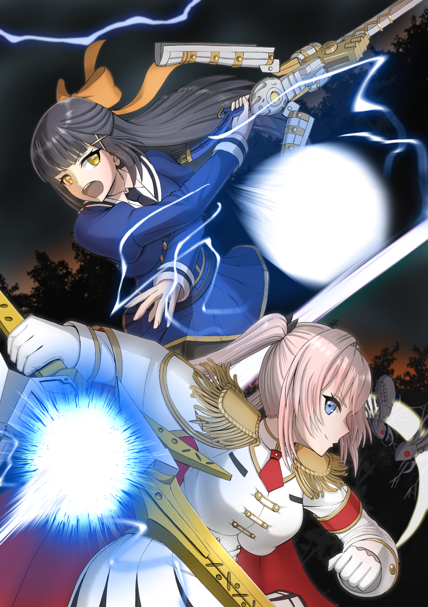 2girls, absurdres, altea_alessandrini, assault_lily, black_hair, black_necktie, blue_eyes, blue_jacket