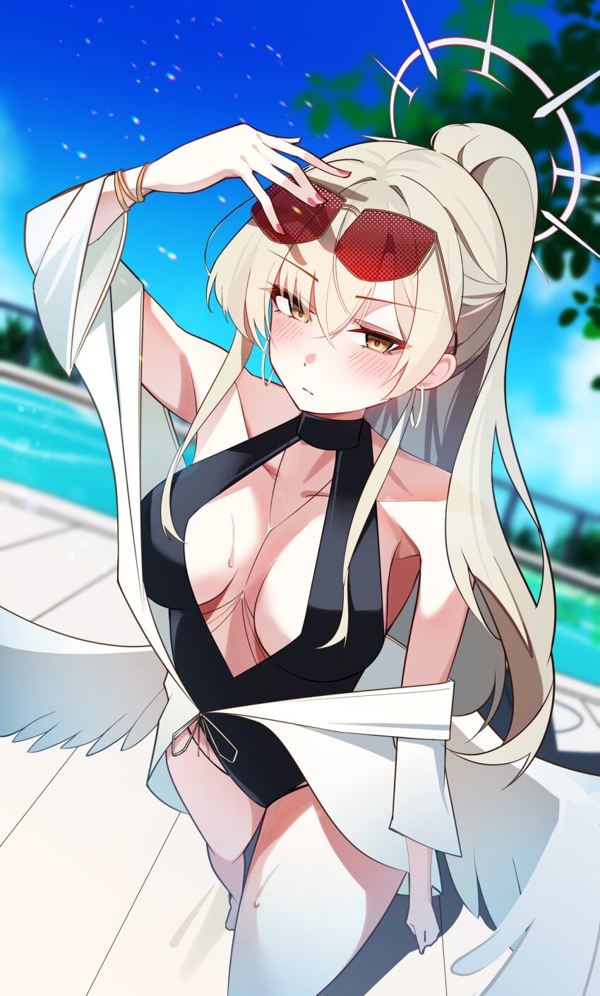 1girl, angel_wings, arck_10, black_one-piece_swimsuit, blonde_hair, blue_archive, breasts, feathered_wings, halo, highres, low_wings, nagisa_(blue_archive), nagisa_(swimsuit)_(blue_archive), official_alternate_costume, official_alternate_hairstyle, one-piece_swimsuit, solo, swimsuit, tinted_eyewear, white_wings, wings