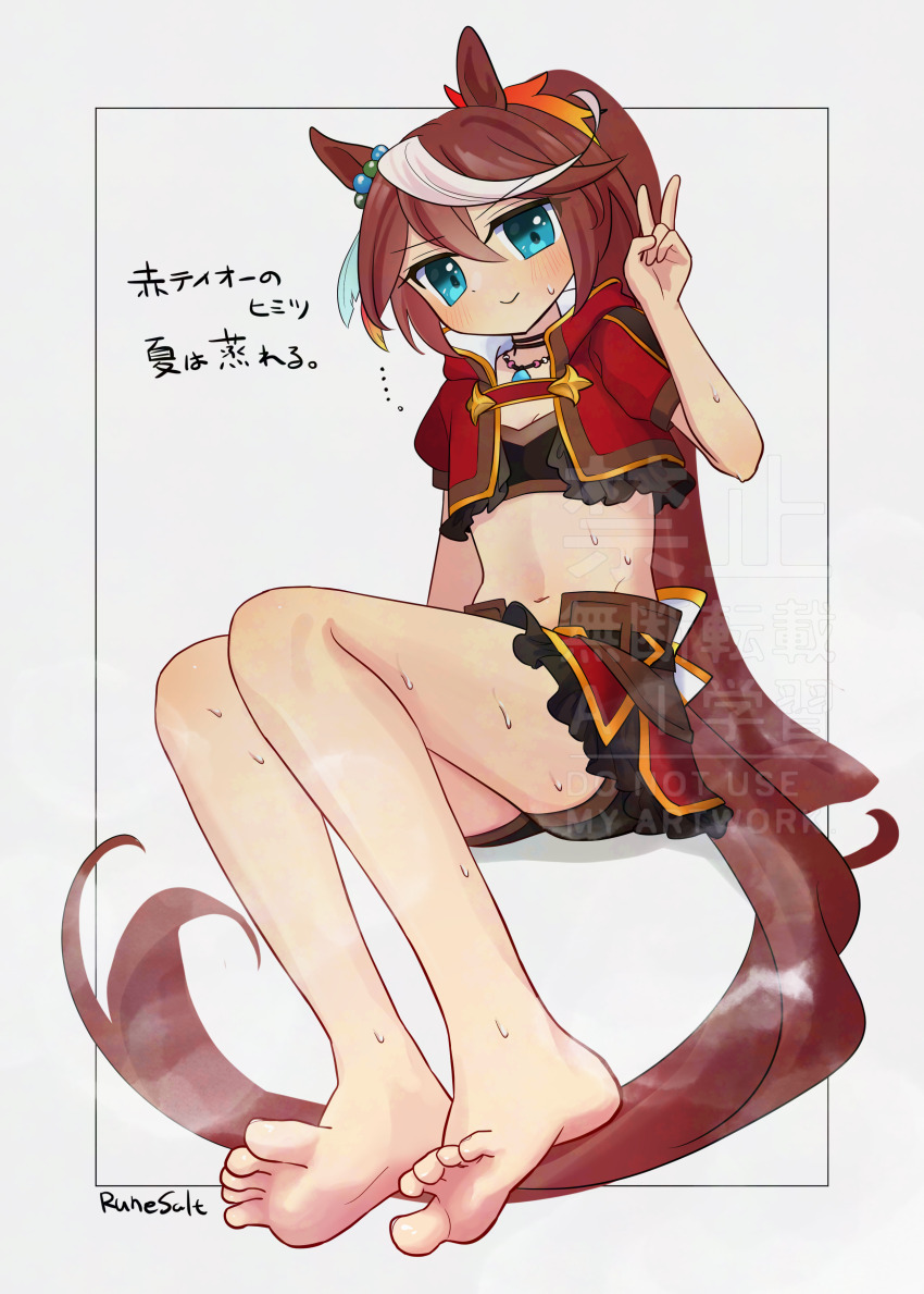 absurdres, animal_ears, bare_legs, barefoot, blue_eyes, blush, brown_hair, feet