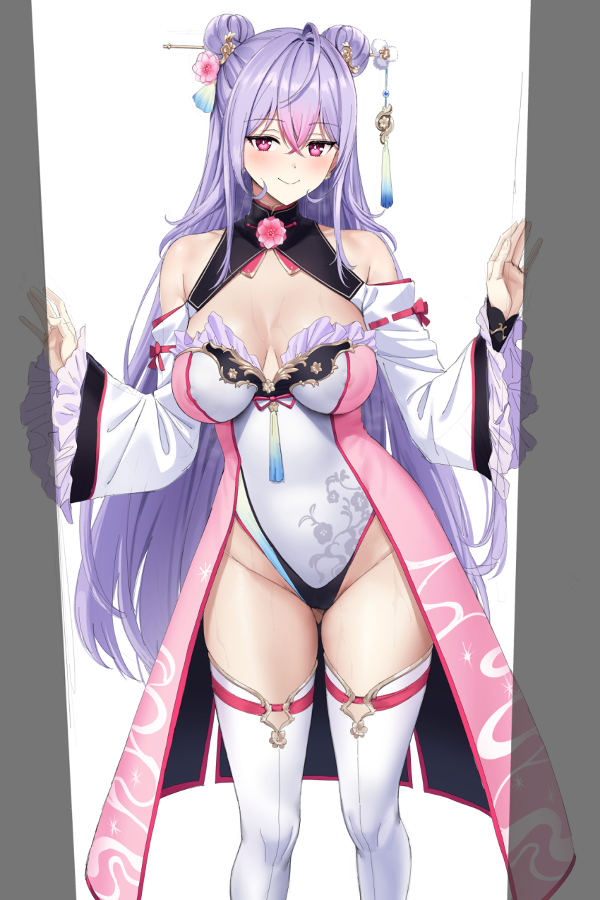 1girl, bare_shoulders, blush, breasts, cleavage, closed_mouth, double_bun, feet_out_of_frame