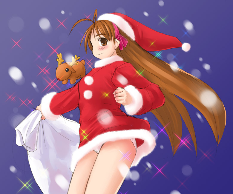 1girl, antenna_hair, bag, blush, brown_eyes, brown_hair, christmas, female_focus