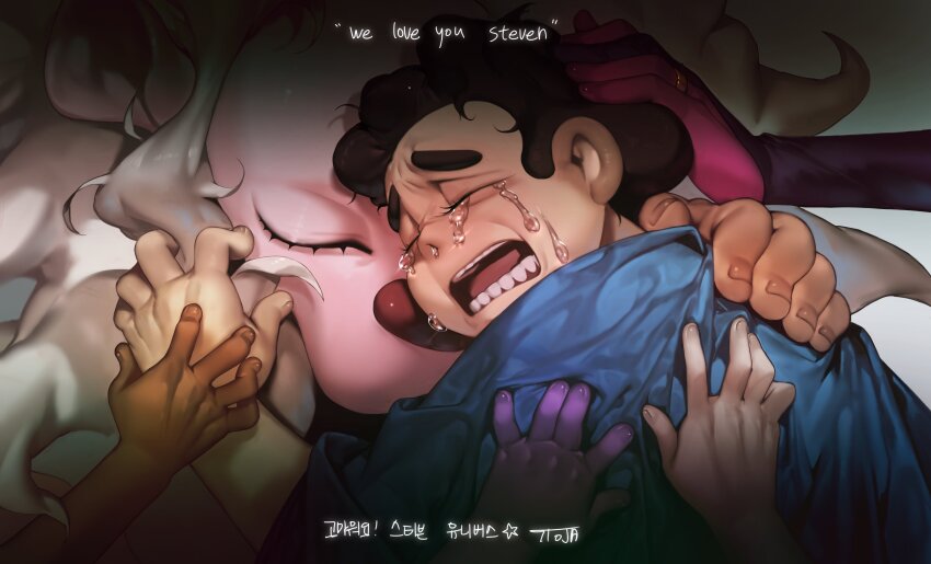 absurdres, amethyst_(steven_universe), black_hair, closed_eyes, colored_skin, connie_maheswaran, crying, dark_skin