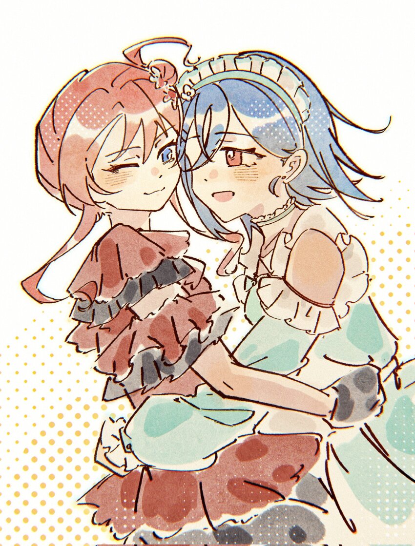 2girls, ai_scream!_(love_live!), akane_gokoro, black_gloves, blue_eyes, blue_hair, blush, choker