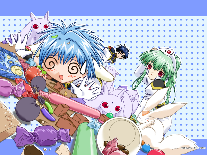 00s, 1boy, 2girls, @_@, animal_ears, artist_name, blue_hair, blush
