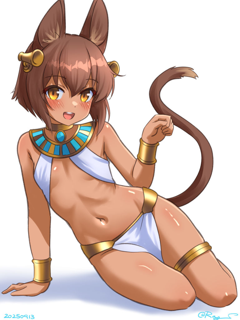1girl, alternate_costume, ancient_egyptian, ancient_egyptian_clothes, animal_ears, armlet, artist_name, bare_shoulders, blush, breasts, brown_eyes, brown_hair, dark-skinned_female, dark_skin, dated, gold, brown_egyptian_cat-eared_loli_(trend), jackal_ears, jackal_tail, jewelry, kantai_collection, looking_at_viewer, navel, one-hour_drawing_challenge, open_mouth, radar_hair_ornament, ray.s, short_hair, simple_background, small_breasts, smile, solo, speaking_tube_headset, stomach, tail, white_background, yukikaze_(kancolle)