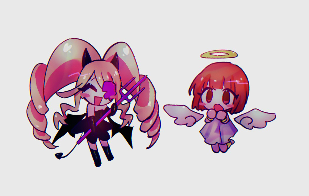 2girls, :d, ^_^, angel, angel_wings, anklet, black_dress, blonde_hair