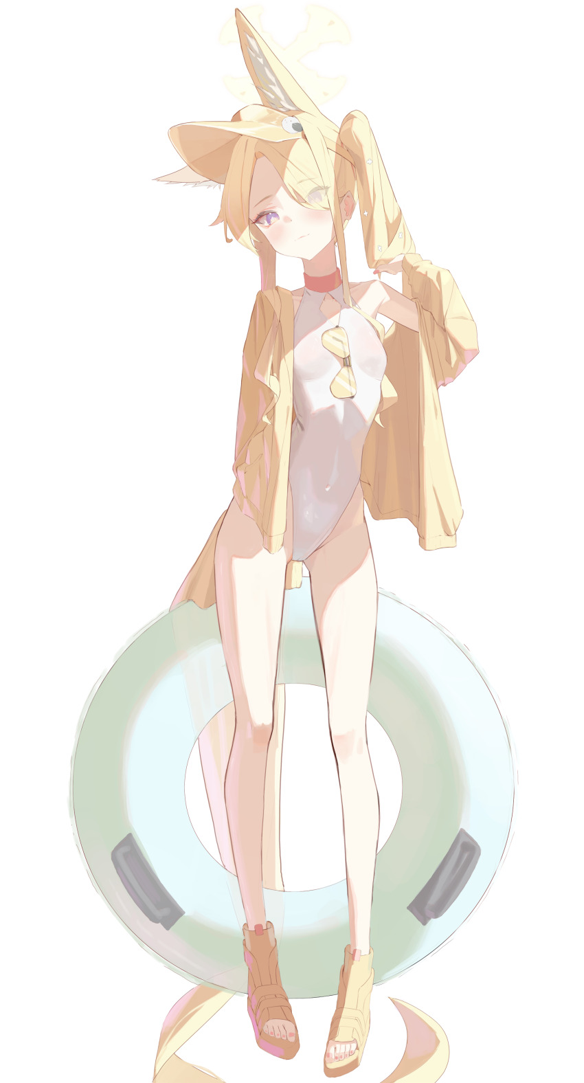 1girl, absurdres, animal_ear_fluff, animal_ears, banpen, bare_legs, blonde_hair, blue_archive