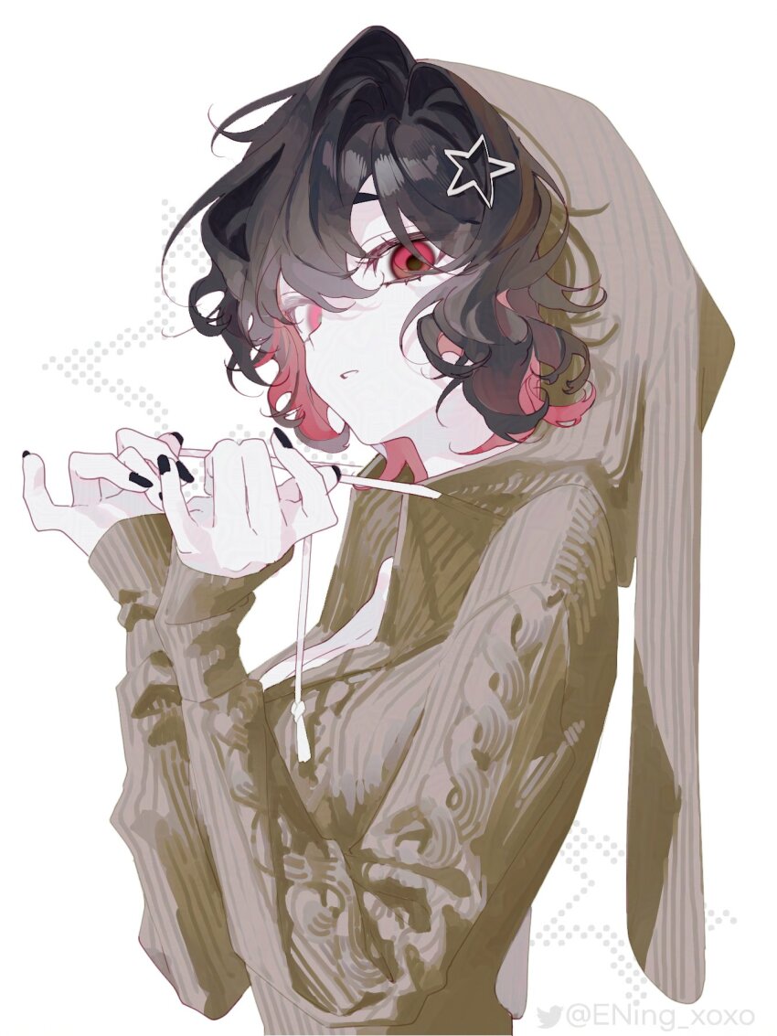 1girl, animal_hood, black_hair, black_nails, breasts, brown_jacket, cable_knit, cleavage