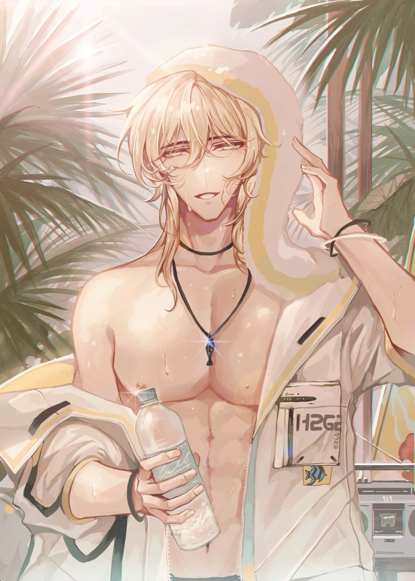 1boy, abs, absurdres, alkaid_mcgrath, alkaid_mcgrath_(azure_island), blonde_hair, bottle, bracelet