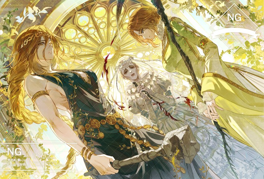 3girls, absurdres, armlet, belt, black_dress, blonde_hair, blood, blood_on_clothes