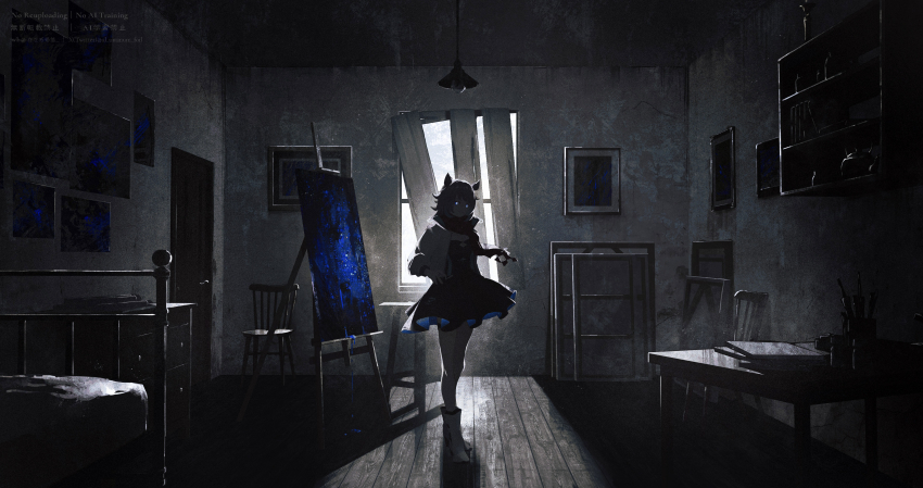 1girl, absurdres, arknights, backlighting, bed, boarded_windows, boots, ceiling_light