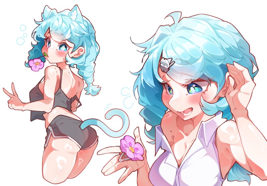 1girl, absurdres, animal_ears, ass, back, bare_shoulders, black_shorts, blue_eyes