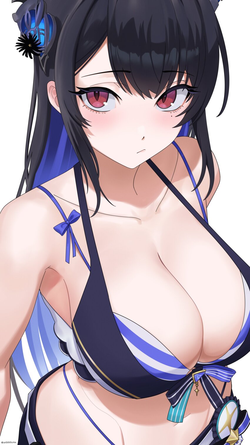 1girl, absurdres, bikini, black_hair, blue_hair, breasts, cleavage, colored_inner_hair