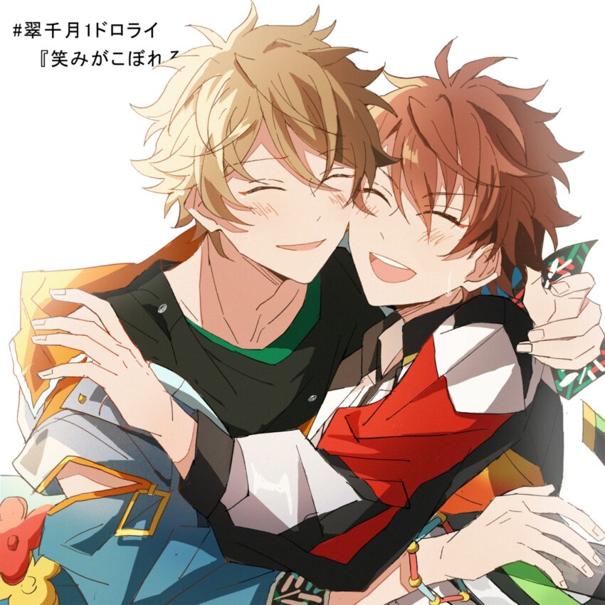 2boys, black_shirt, bracelet, brown_hair, closed_eyes, commentary_request, ensemble_stars!, fingernails