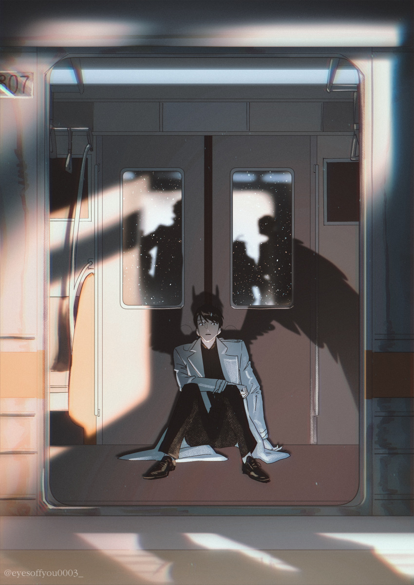 1boy, 3others, absurdres, black_eyes, black_hair, black_shirt, coat, constricted_pupils