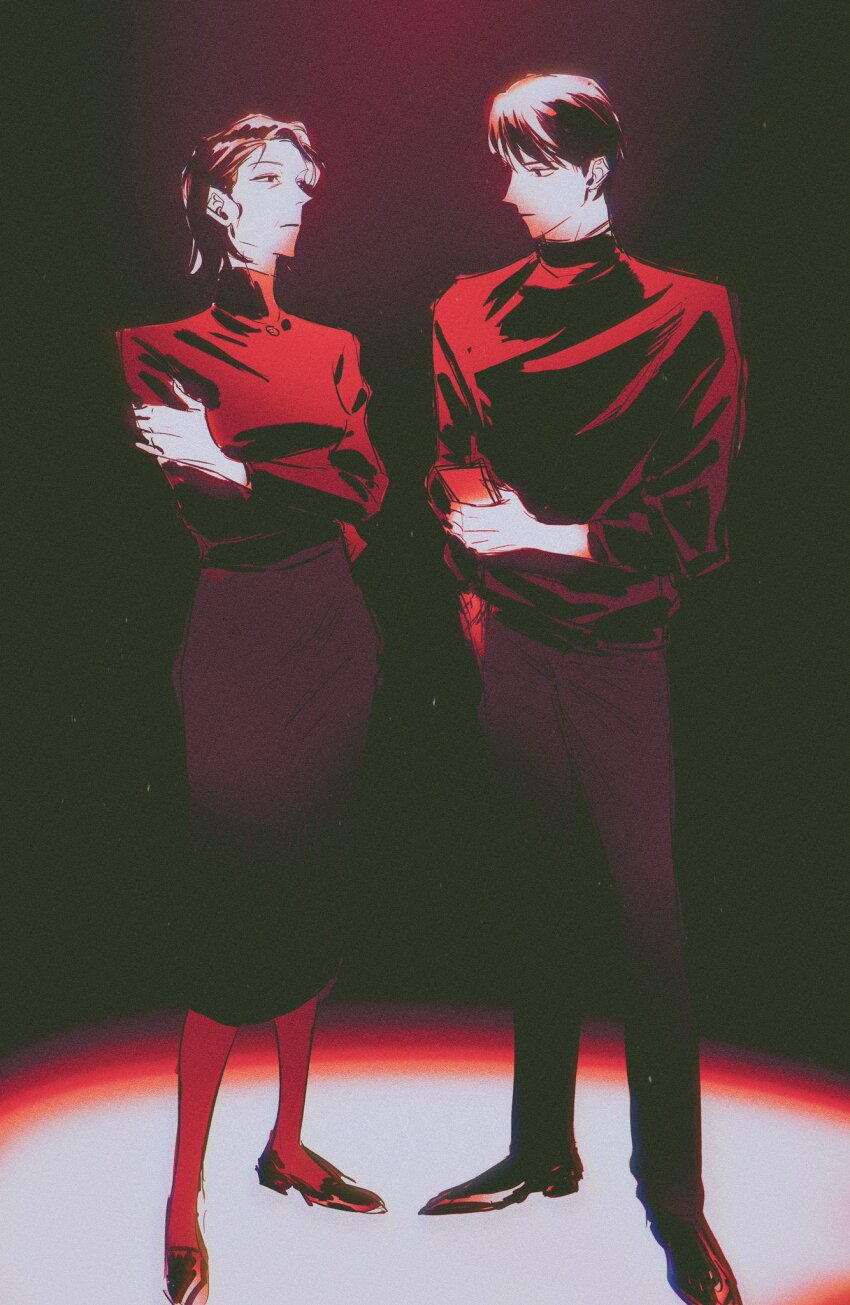 1boy, 1girl, black_eyes, black_hair, black_shirt, crossed_arms, dress_shoes, eyesoffyou0003