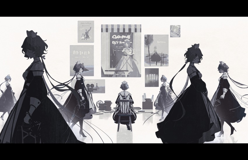 6+girls, absurdres, arknights, chair, chinese_commentary, clone, commentary_request, dress