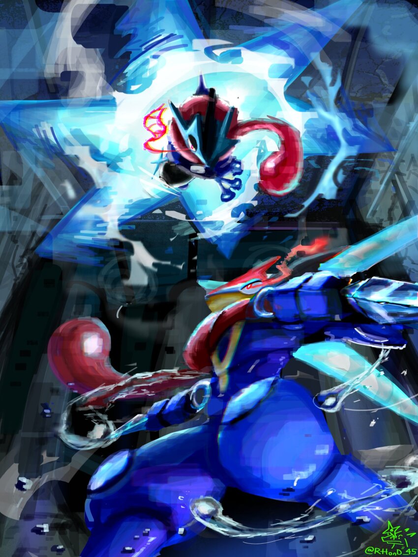ash-greninja, battle, frog, gen_6_pokemon, glowing, glowing_eyes, greninja, highres