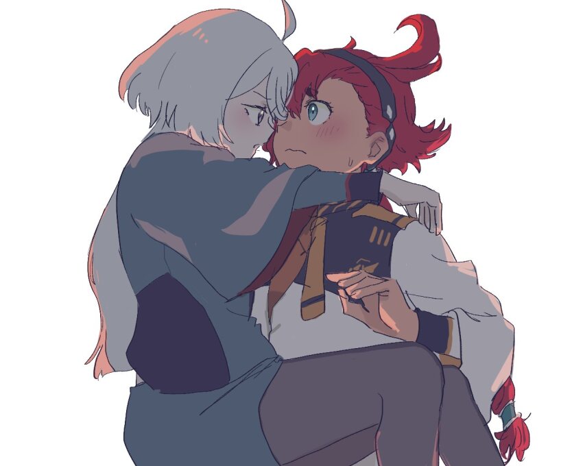 2girls, ahoge, asticassia_school_uniform, black_pantyhose, blue_eyes, commentary, green_jacket, green_shorts