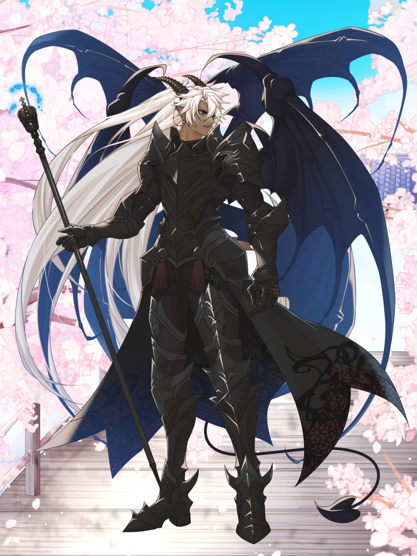 1boy, armor, black_armor, black_boots, black_gloves, black_horns, black_wings, blue_eyes