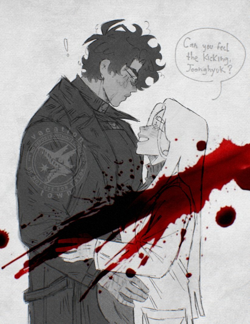 !, 1boy, 1girl, black_coat, black_hair, black_shirt, blood, blood_splatter