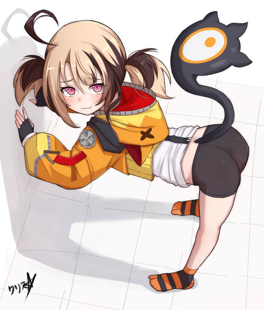 1girl, absurdres, ahoge, ass, black_shorts, boppin, cameltoe, feet