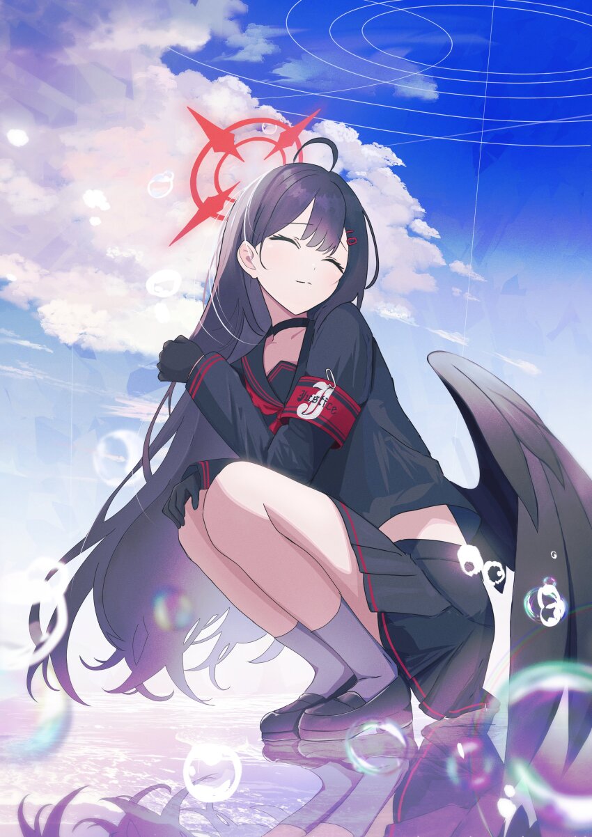 1girl, ^_^, absurdres, ahoge, armband, black_choker, black_gloves, black_hair