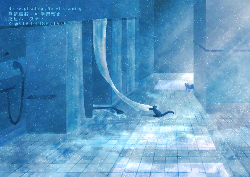 black_cat, cat, commentary_request, cool_colored, curtains, highres, indoors, no_humans