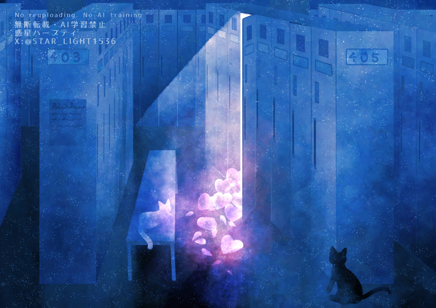 animal, bench, cat, commentary_request, cool_colored, heart, highres, indoors