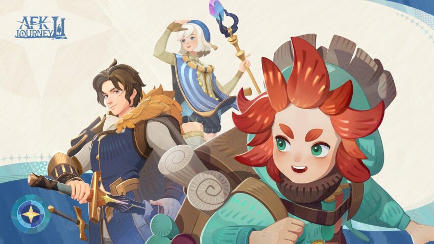 1girl, 2boys, afk_(series), afk_journey, aqua_jacket, armor, backpack, bag