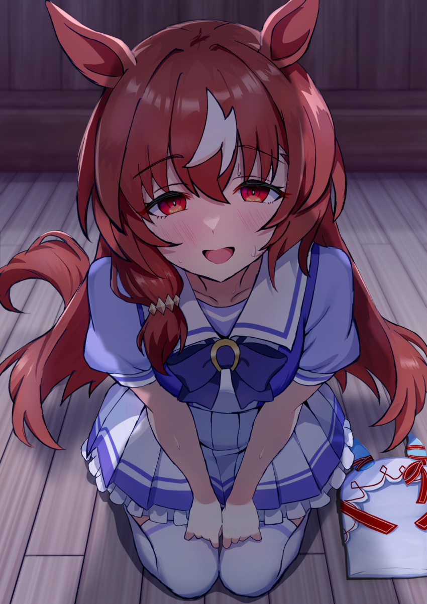 1girl, amenu_415, animal_ears, blush, bow, brown_hair, hair_between_eyes, highres, horse_ears, horse_girl, horse_tail, long_hair, looking_at_viewer, open_mouth, purple_bow, purple_shirt, red_eyes, sailor_collar, school_uniform, seiza, shirt, sitting, skirt, solo, still_in_love_(umamusume), sweatdrop, tail, thighhighs, tracen_school_uniform, umamusume, white_sailor_collar, white_skirt, white_thighhighs