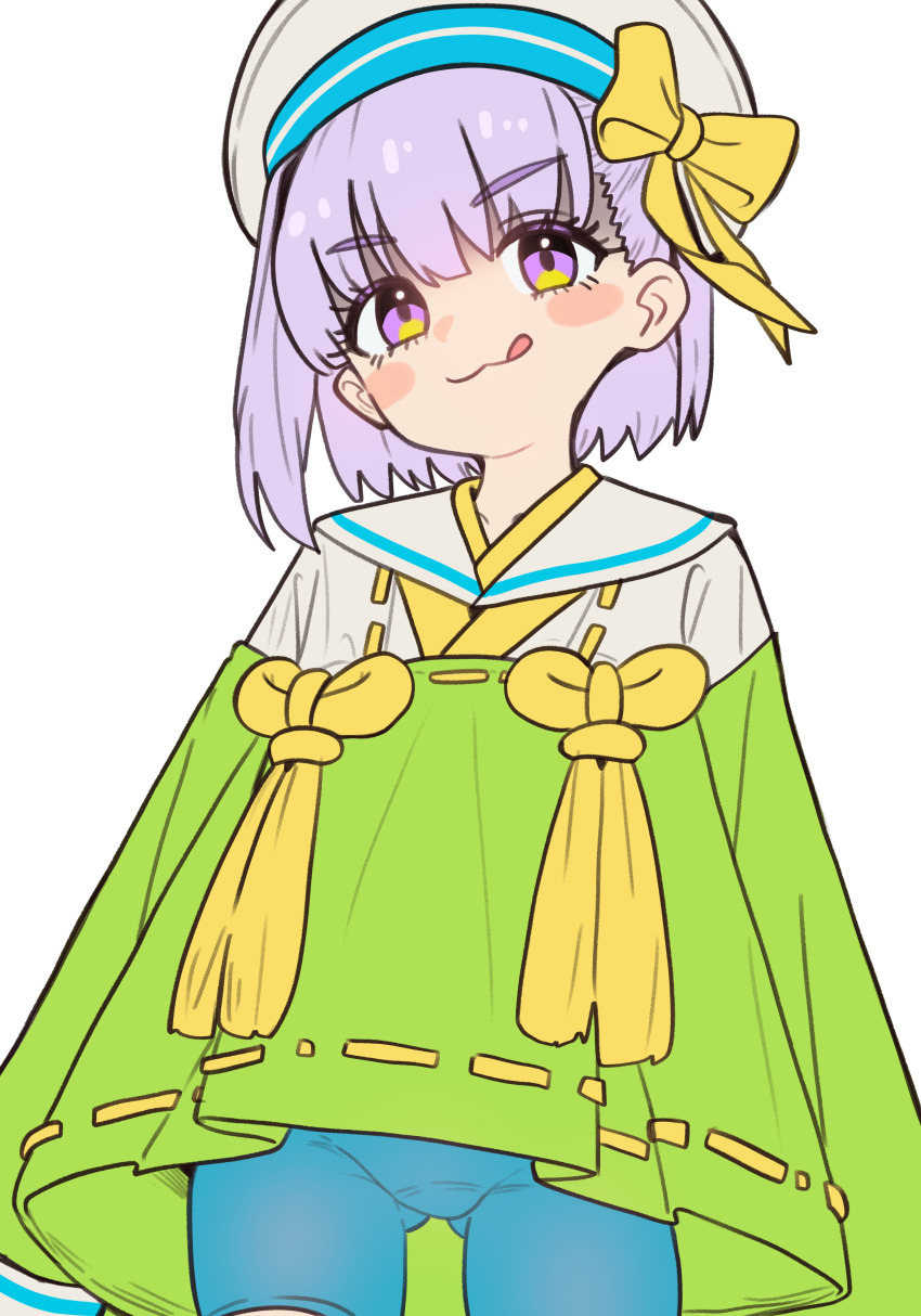 1girl, absurdres, blue_shorts, blush, bow, breasts, ebora, fate/grand_order, fate_(series), green_kimono, hair_bow, hat, highres, japanese_clothes, kazuradrop_(fate), kazuradrop_(first_ascension)_(fate), kimono, licking_lips, long_sleeves, looking_at_viewer, purple_eyes, purple_hair, sailor_collar, short_hair, short_kimono, shorts, small_breasts, smile, solo, tassel, tongue, tongue_out, white_hat, white_sailor_collar, wide_sleeves, yellow_bow