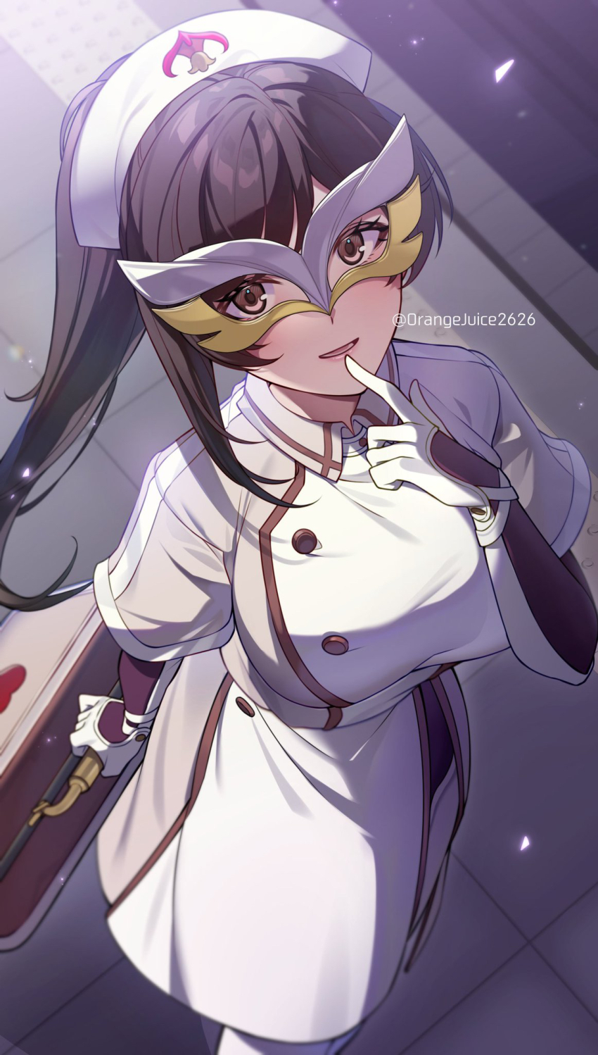 1girl, breasts, brown_eyes, brown_hair, buttons, commentary_request, doughnut_(smmp4848), dress